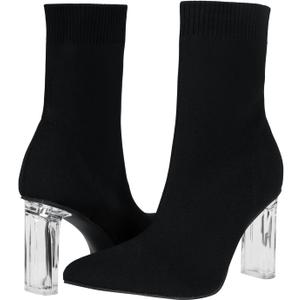 Shoe'N Tale Women's Knit Sock Ankle Boots Pointed Toe Clear Mid Heel Slip-on Stretch Booties Shoes (7, Black)