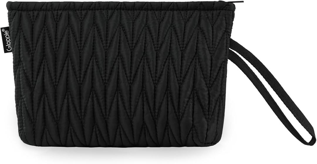 Gloppie Small Makeup Bag for Purse Portable Cosmetic Bag Puffy Padded Makeup Pouch Wristlet Pouch for Women Black