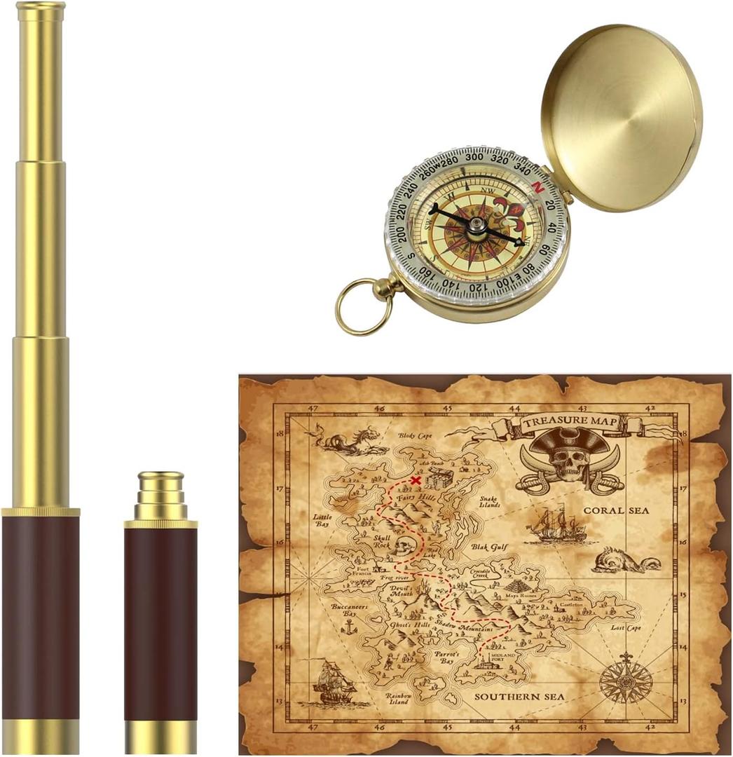 Pirate Monocular Telescope with Treasure Map Pocket Compass - Collapsible Spyglass for Party Accessory Set