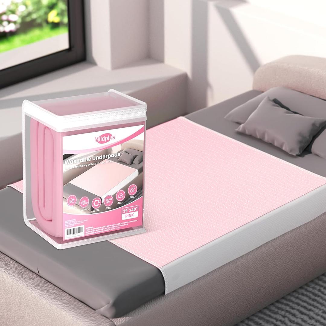 39"X40" Non Slip with Stay-Secure Side Flaps Washable Waterproof Bed Pads ,Reusable Incontinence Pad for Pets,Adults,Babies,Elderly,Leakproof Bed Wetting Protector(Pink)