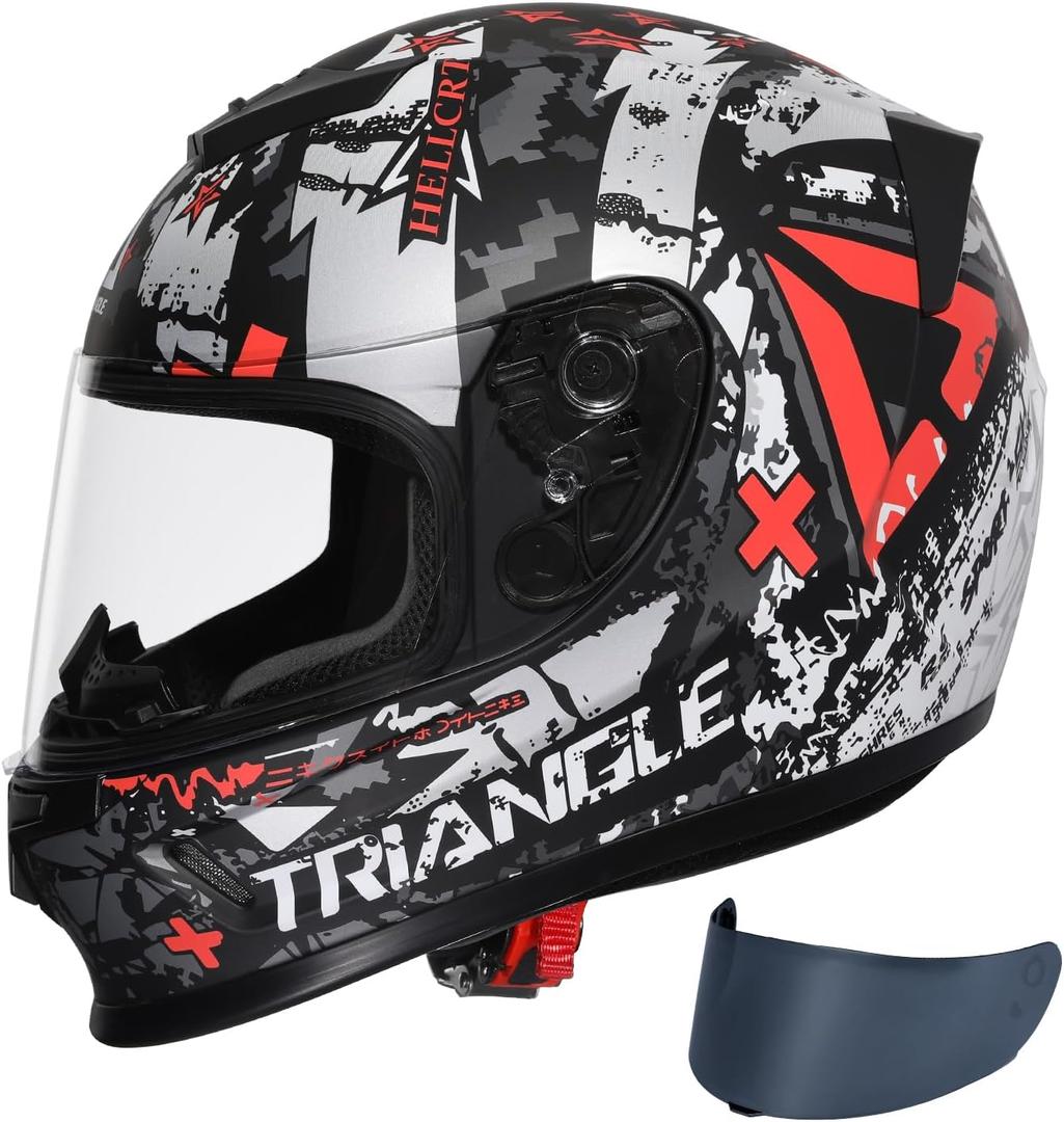 TRIANGLE Kids Motorcycle Helmets Youth Full Face Helmet Lightweight with 2 Visors DOT Approved (Large, Gray White)