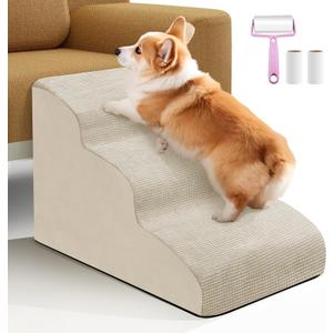 Dog Ramp 3 Steps for Small Dogs and Cats Straw Yellow, Pet Stair for Sofa and Bed Non-Slip Foam Dog Steps with Removable Washable Cover, Send Lint Sticky Roller Set