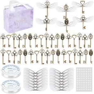 SANNIX 48 PCS Large Vintage Skeleton Keys Flying Keys Charms with 50 Pairs Dragonfly Wings and 60 Yards Elastic Crystal String for DIY Christmas Decorations Magic Theme Wizard Party Supplies