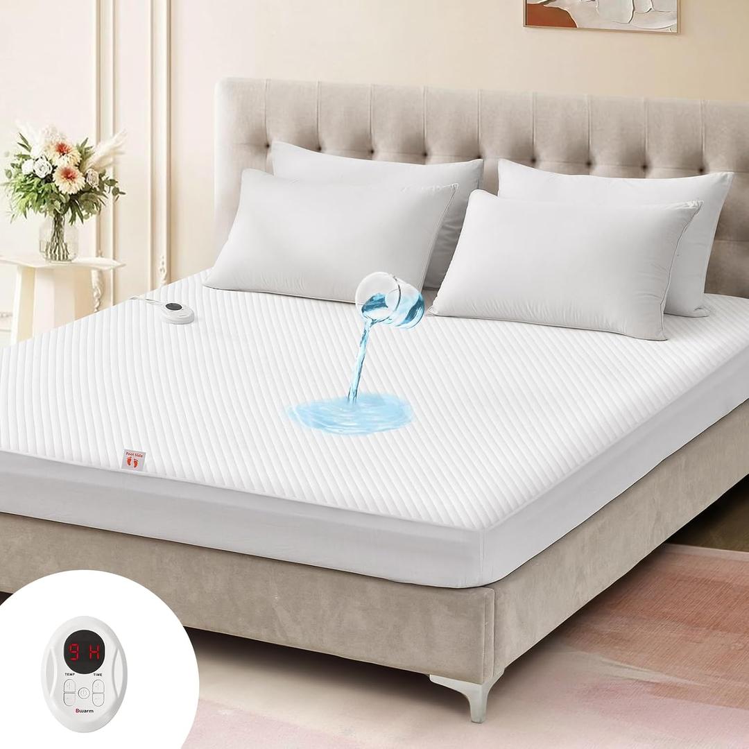 Bwarm Waterproof Heated Mattress Pad, ETL Certified Bed Warmer with Memory Function with 9 Heat Settings, 1-12 Hours Auto Off Deep Pocket, Machine Washable, White Twin XL
