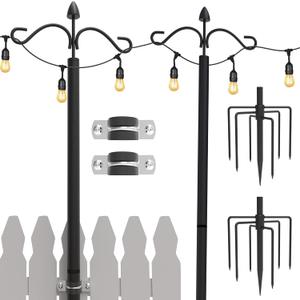 JACKYLED 2 Pack Outdoor String Lights Pole, Adjustable 9 Ft Tall Outdoor Metal Poles Stand with 2 Optional Hooks, 7 Prong Stable Long Foot for Hanging Outside Decorate Lighting (9 Feets)