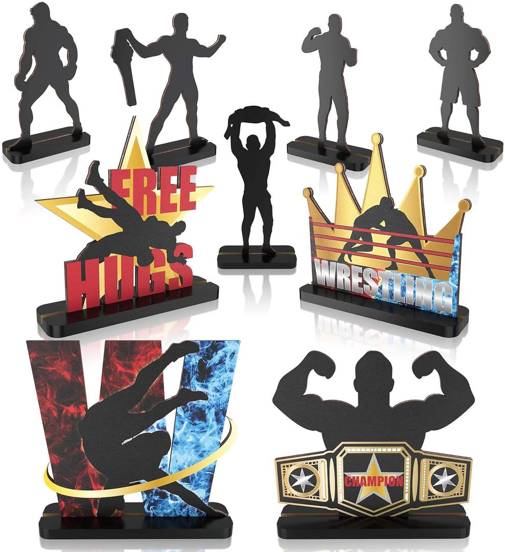Wrestling Wooden Centerpieces for Boys Men Birthday Party Table Decorations Party Supplies 10th 20th 30th 40th 50th Home Bar Kitchen Tabletop Decor 9PCS (Black Red & Blue)