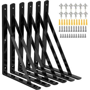 Heavy Duty Shelf Brackets 12 x 8 inch, 6 Pack Wall Shelf Brackets with 90 Degree Triangle, Black Metal L Brackets, Shelves L Brackets(300x190mm)