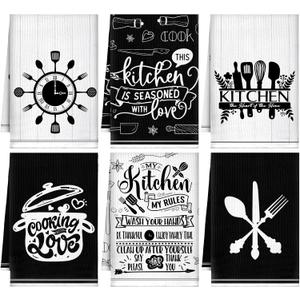Sunnyray 6 Pcs Kitchen Towels Dish Cloths Nature Modern Absorbent Hand Tea Wash Cloth with Hanging Loop for Bathroom Home Farmhouse Kitchen Gifts(Black White,Funny)