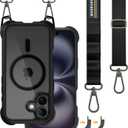 MAGEASY Designed for iPhone 16 Case with Strap - 20ft Ultimate Drop Protection Compatible with MagSafe, Transformable Protective & Lanyard Case, Vegan Leather Frame | Odyssey Strap M (Leather Black)
