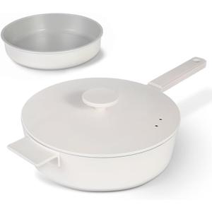 Rokasala 11 Inch All in One Pan with Lid Ceramic Nonstick and 9.5 Inch Circle Pan,Multifunctional Cookware for Vertasile Cooking and (Beige)