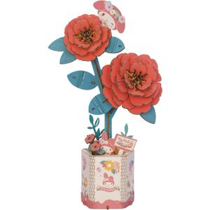 Hands Craft Hello Kitty and Friends My Melody Red Camellia 3D Wooden Puzzle Kit | DIY Flower Model | Arts & Crafts for Adults & Kids | Creative Hobby Kits | Wood Building Set | Unique Gift