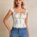 KUTUMAI Floral Lace Corset Top Y2k Square Neck Smocked Bustier Going Out Tie Cute Crop Tops for Women Summer BlueFloral L (Blue, L)
