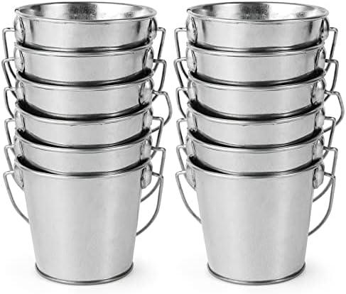 3.1" Galvanized Mini Tin Buckets – 12Pcs Silver Metal Buckets with Handle, Ideal for Party Favors, Bridal Shower and Craft Projects (Silver, 3.1")