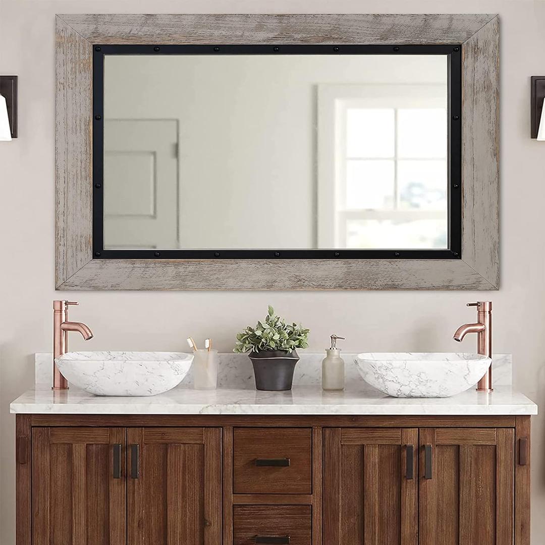 YOSHOOT Rustic Wooden Framed Wall Mirror, 30"x20", Natural Wood and Iron Bathroom Vanity Mirror for Farmhouse Decor, Vertical or Horizontal Hanging (White Grey)