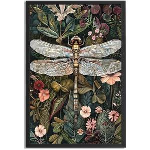 Framed Vintage Wall Art Dark Green Dragonfly Flowers Pictures For Aesthetic Room Decor-Retro Painting Canvas Prints Ready To Hang Farmhouse Bedroom Living Bathroom