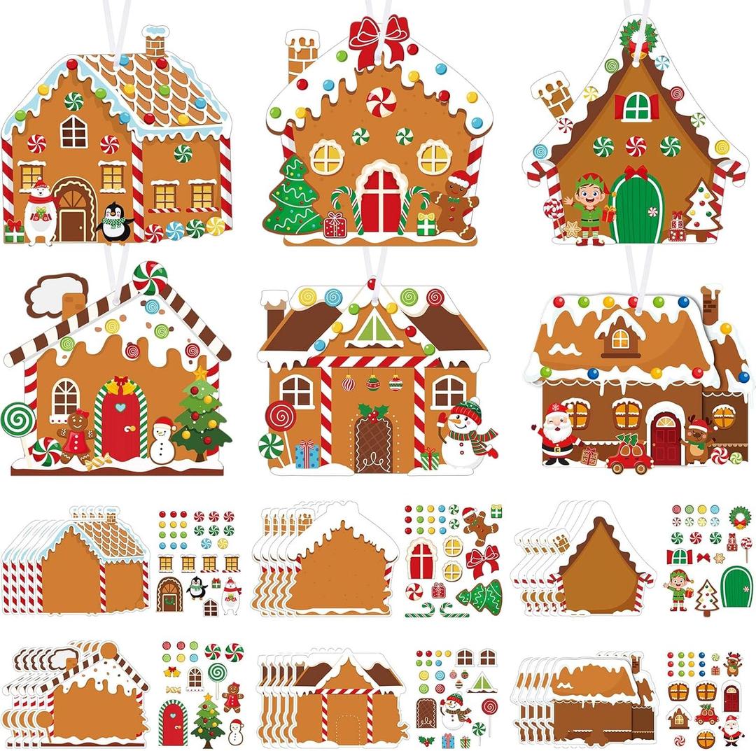 Pasimy 48 Pcs Christmas Crafts Kits for Kids Christmas Gingerbread House Crafts DIY Christmas Tree Ornament Kit Make Your Own Gingerbread House Craft Stickers for Holiday Xmas Classroom Party Favors