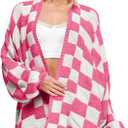 Saodimallsu Womens Checkered Oversized Cardigan Sweaters Color Block Chunky Open Front Lantern Sleeve Plaid Knit Coats (Medium, Rose)