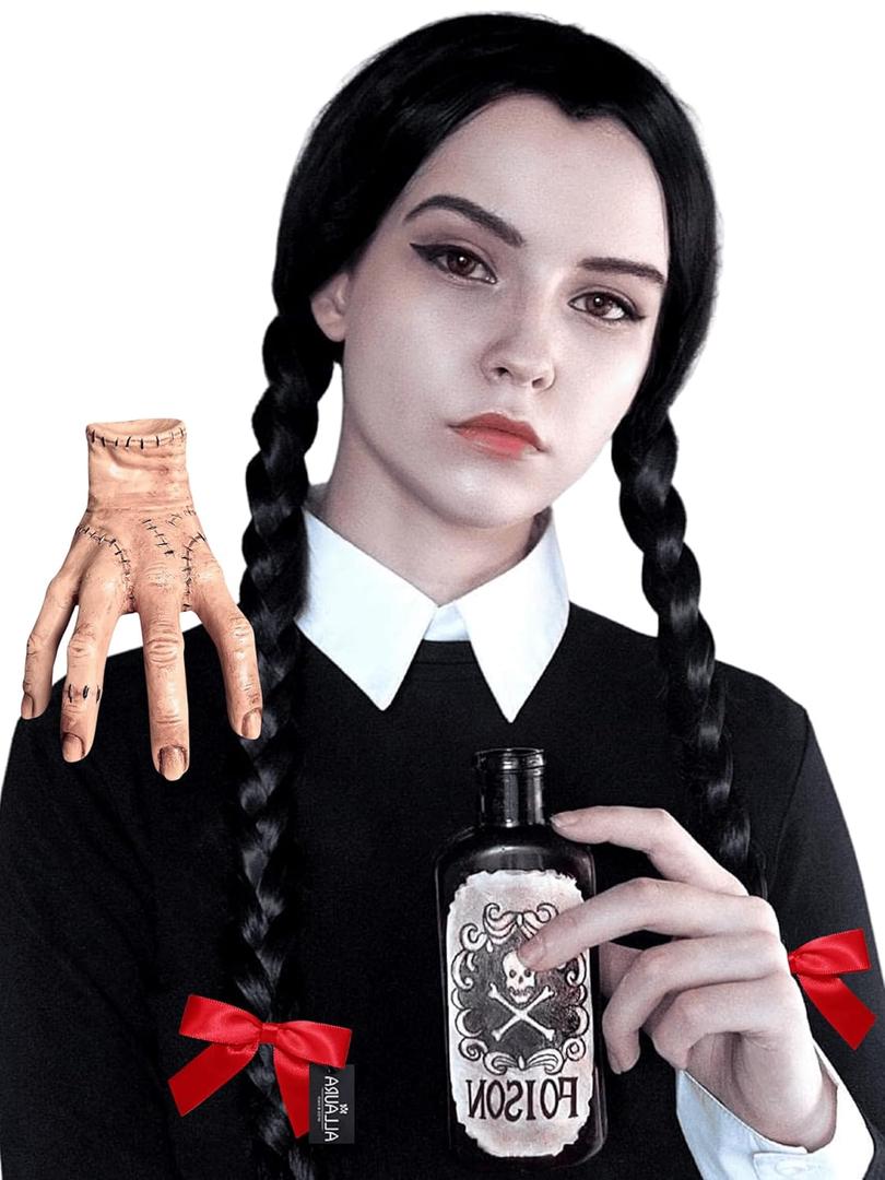 ALLAURA Braided Black Wig Costume Wed. Black Braided Pigtail Wig Braids + Red Ribbons Costume Wig Halloween Costume | Compatible with Wednesday Wig