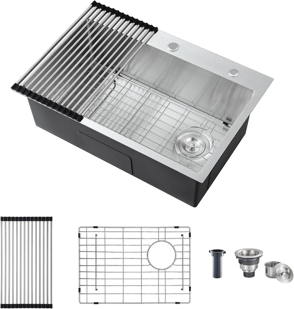 ROVATE 27 x 18 Drop-in Kitchen Sink Single Bowl 18G 304 Stainless Steel