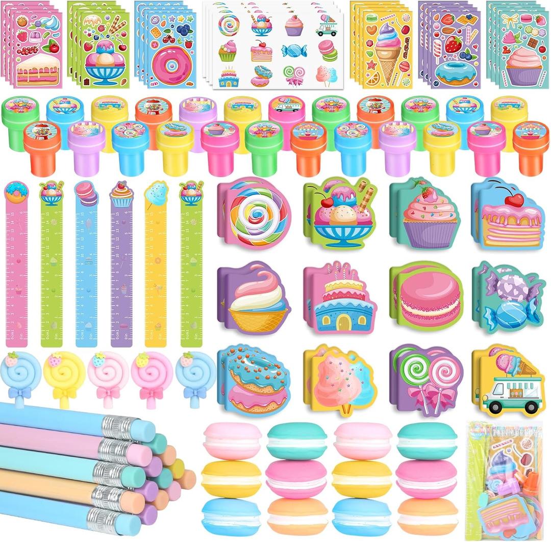 BenLouis 96Pcs Candyland Party Favors Ice Cream Donut Mini Notebook Stampers School Stationery Bulk for Kids Lollipop Sweet Treats Birthday Goodie Bags Pinata Filler Classroom Prizes Supplies