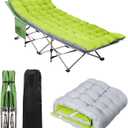 HAITRAL Portable Camping Cot with Mattress - Outdoor Folding Heavy Duty Sleeping Bed with Side Pocket for Adults - Oxford Single Lounge Chaise for Camping Tent Beach Office Max Load 300 LBS (Green)