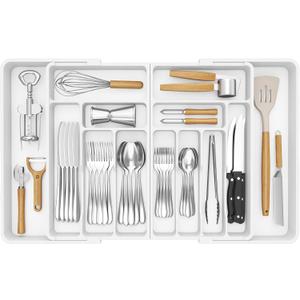 Lifewit Large Silverware Drawer Organizer, Expandable to 36 Inches Wide, BPA Free Plastic Utensil Tray for Kitchen, Adjustable Flatware and Cutlery Holder for Spoons Forks Knives, White
