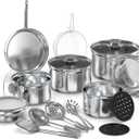 YSSOA 18-Piece Stainless Steel Kitchen Cookware Set, Including Saucepan, Casseroles with Tempered Glass Lid, Frypan, Steamer, Salad Bowl , Fryer Basket, Heat Resistant Mat & Utensils Set, Silver