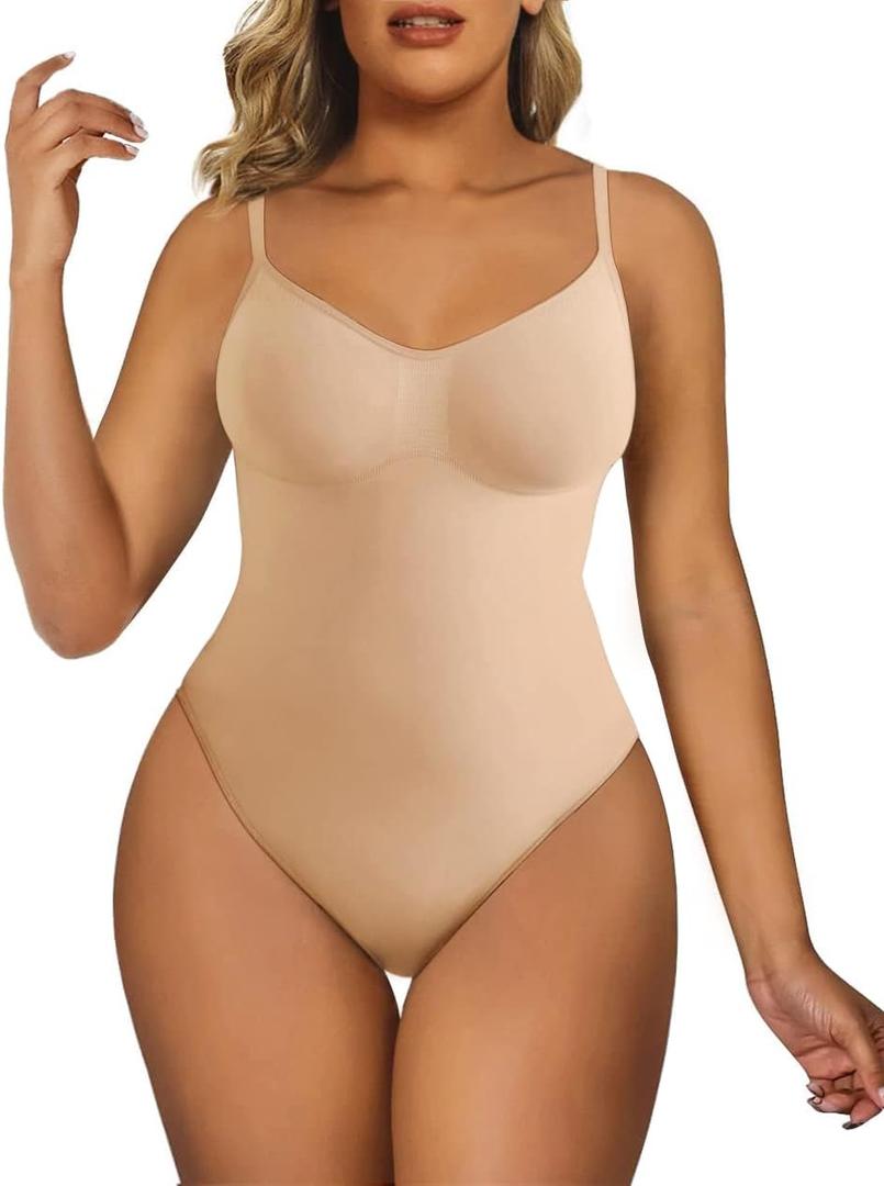 SHAPERX Women's Shapewear Bodysuit Tummy Control Body Shaper Seamless Sculpting Snatched Waist Body Suit (L/XL, Beige Brief)