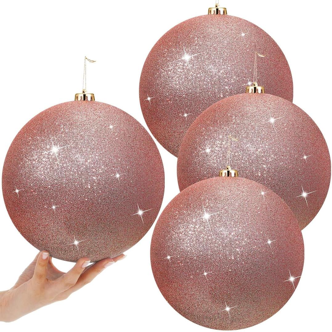 Zubebe 4 Pcs Extra Large Christmas Ball Ornaments Glitter 8'' (200 Mm) Giant Oversized Plastic Xmas Ball Big Hanging Christmas Tree Ornaments for Holiday Party Outdoor Decor(Shiny Rose Gold)