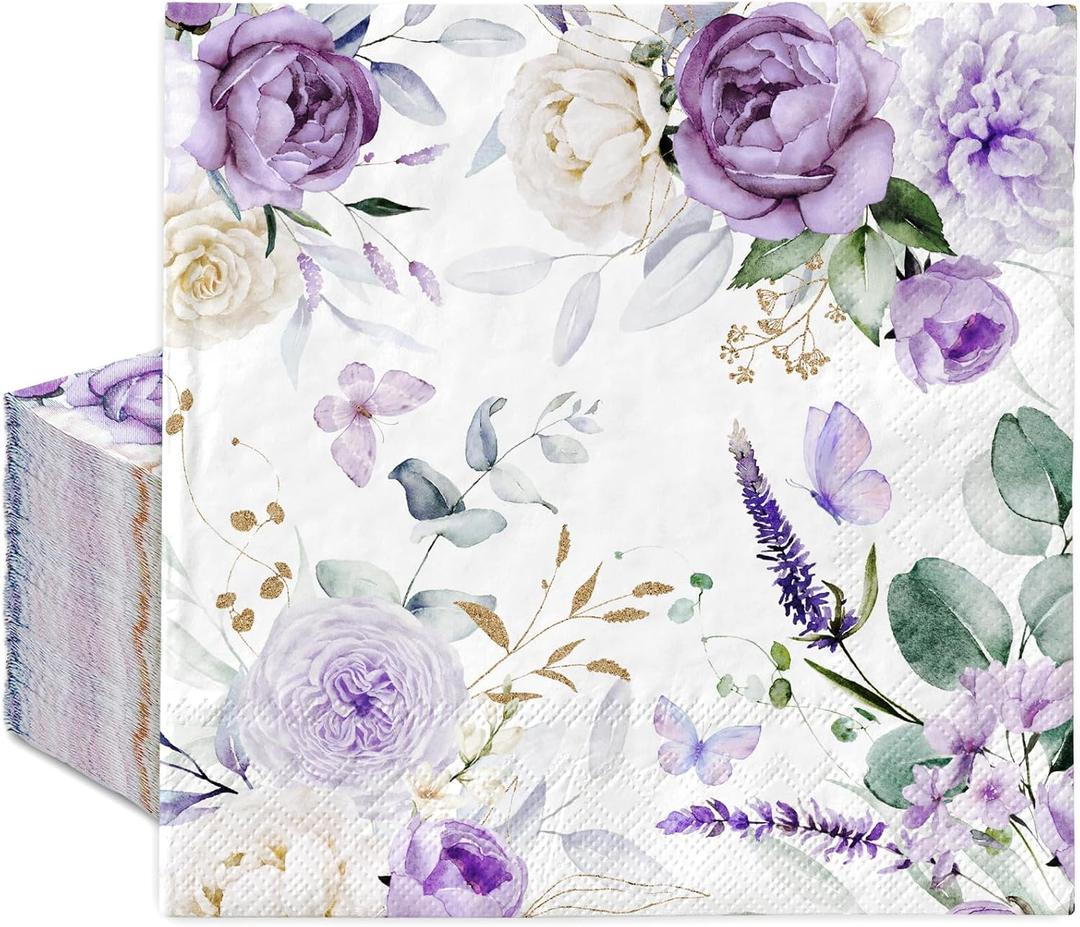 100Pcs Purple Floral Paper Napkins Watercolor Lavender Flower Butterfly Disposable Luncheon Napkins Decorative Dinner Napkin for Spring Home Party Table Decor