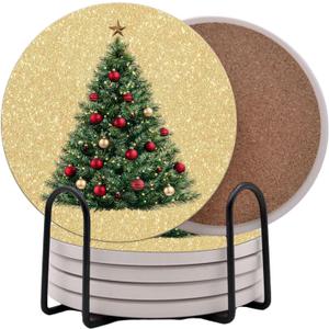 Christmas Tree Gold Holiday Season Round Coasters Set of 6 - Absorbent Ceramic Coasters with Metal Stand for Decoration Xmas Decoration Decor (Christmas Tree 2)