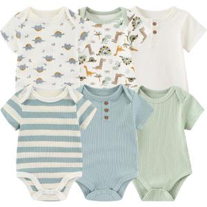 Baby Bodysuit 6 Pack Soft Mixed Ribbed Short Sleeve Romper Infant Boy Girl Clothes Set (3-6 Months, Baby Bodysuit 6-piece Dinosaur/Turtle/Sage Green/Gray Blue)