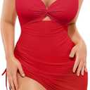 SHAPELLX One Piece Swimsuit Women Tummy Control Full Coverage Bathing Suit with Mesh Wrap Skirt Modest Swim Dress (Red, M)