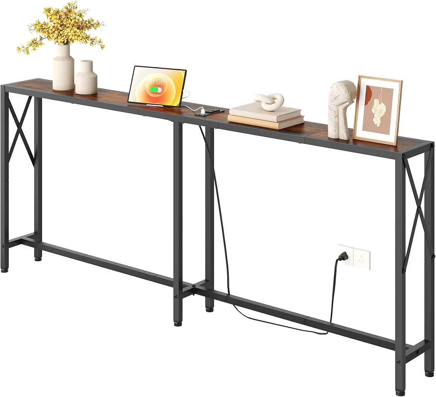 Gewudraw 70" Sofa Table Behind Couch with Oulets-Narrow Console Table,Brown