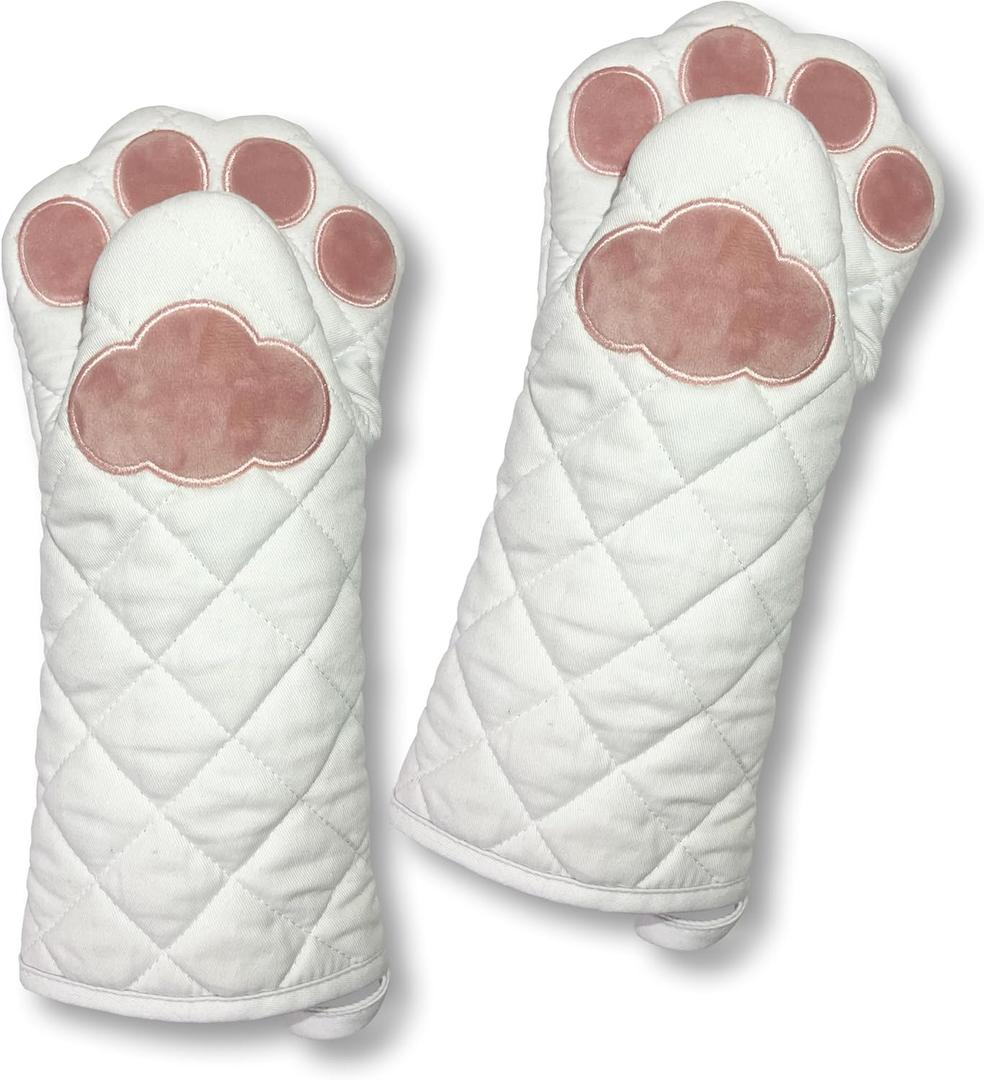 Cat Paw Oven Mitts, Thick, and Heat Resistant (White, Set of 2)