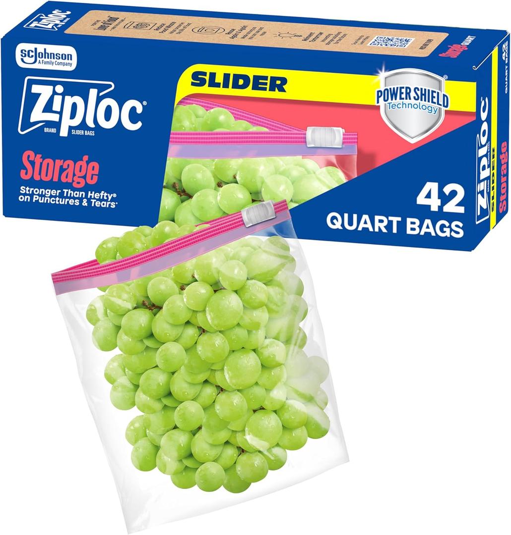 Ziploc Quart Food Storage Slider Bags, Durable, 42 Count