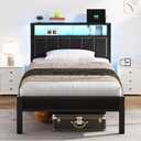 OLEVS Twin Bed Frame with LED Lights & USB Outlets, Platform Twin Bed with Storage Headboard, No Box Spring Needed, Easy Assembly
