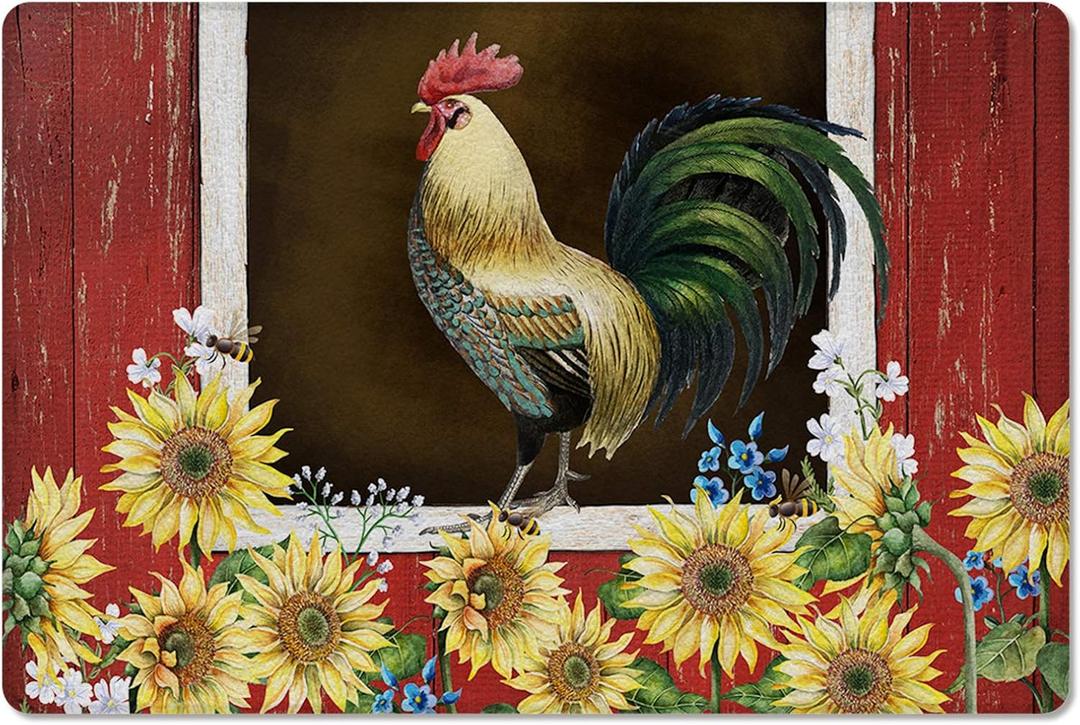 Sunflower Rooster Antifatigue Kitchen Bath Door Mat Cushioned Runner Rug,Washable Welcome Floor Sink Mat,Farm Animal Cock Red Barn Bee Waterproof & Non-Slip Comfort Standing Doormat16 x24