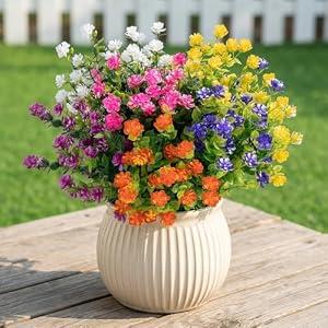 CLEANGOR Artificial Flowers, Artificial Plants Outdoor for Spring Summer, Realistic Fake Flowers, for Garden, Porch, Patio, Party Wedding Decoration (12, Purple, Red, Pink, White, Yellow, Fuchsia)