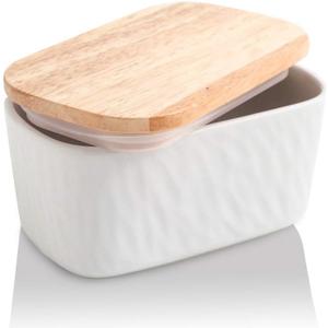 KOOV Porcelain Large Butter Dish with Lid, Airtight Butter Container with Oak Lid, Perfect for 2 Sticks, Texture Series (White)