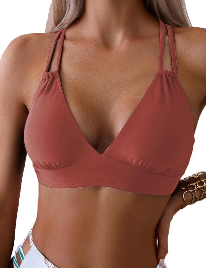 Tainehs Women's Push Up V Neck Bikini Tops Criss Cross Back Padded Bathing Suit Top Only (Pink, XL)