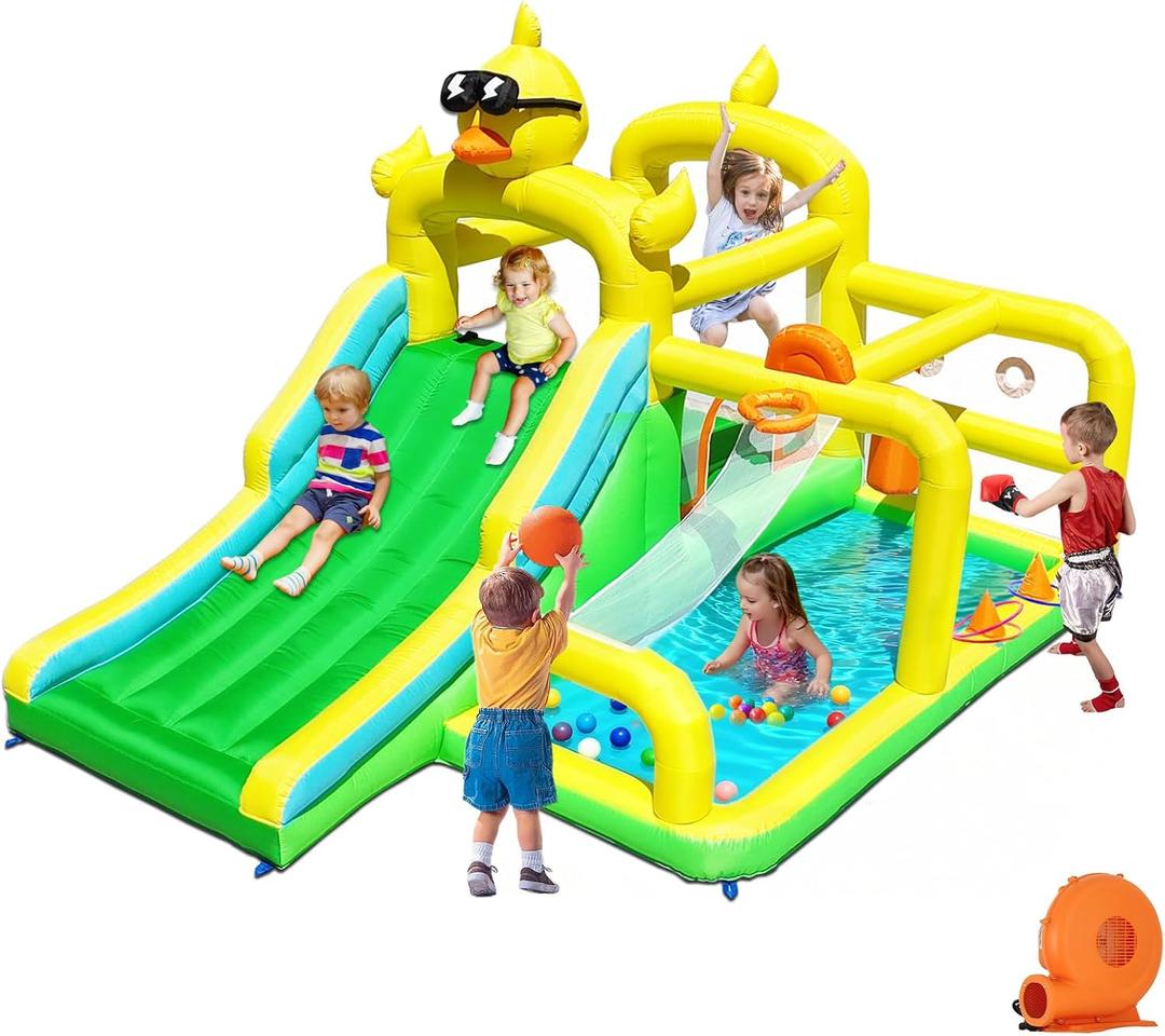 Baralir Duck-Themed Inflatable Bounce House with Extra Wide Slide & Climbing Wall, Basketball Hoop, Ring Toss, Punching Bag, 2-in-1 Splash Pool/Ball Pit - Indoor/Outdoor Jumping Castle for Toddlers, Super large trampoline area