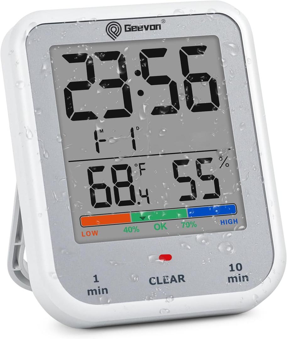 Geevon Digital Bathroom Clock, Waterproof Shower Timer with Large Touch Screen, Battery Operated Bathroom Wall Clock with Temperature & Humidity Display - Suction Cup/Hanging Hole/Stand (Silver)