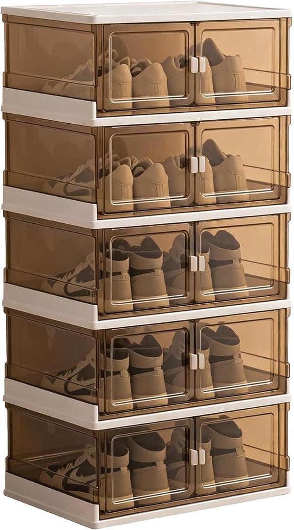 5-Pack Premium Amber Clear PET Shoe Boxes, XL Foldable Sneaker Display & Storage Organizer, Magnetic Door, Double Capacity Fits 2 Pairs Up to Mens US Size 14, Stackable for Closet Bedroom Entryway
