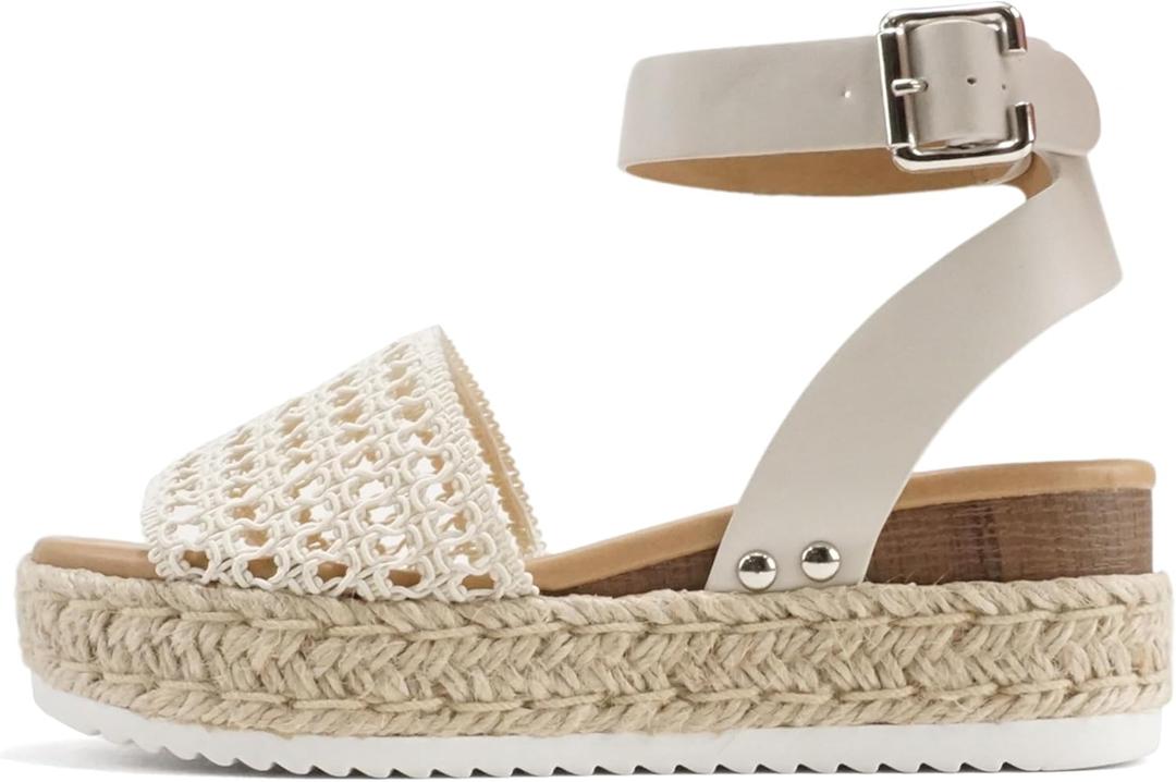 Soda Topic Open Toe Buckle Ankle Strap Espadrilles Flatform Wedge Casual Sandal (9.5, Braided Ivory)