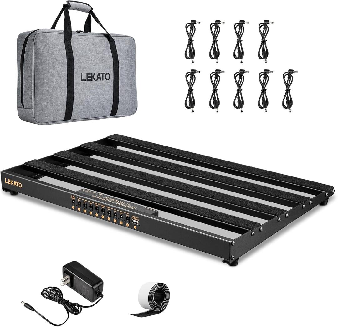 LEKATO Pedalboard, Pedal Board with Built-in Power Supply, 19x12.2x1.8" 2.97LB, Aluminium Alloy Guitar Pedal Board with Carry Bag, Pedal Cables, Adhesive Hookside Tape