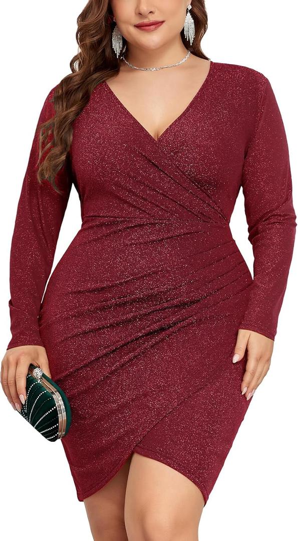 ZOMVA Plus Size 0X-4X Sparkly Glitter Ruched Bodycon Mini Dress Sparkle Sequin Wrap Ruffle Sleeve Dress Cocktail Party Formal (Red, XXXL)