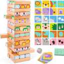 Nene Toys Wooden Block Stacking Game 4-in-1 Tumble Tower Family Board Game with Building Blocks, Cards and Dice African Safari Educational Wooden Toy for Kids 3-9 Years Old About Animals