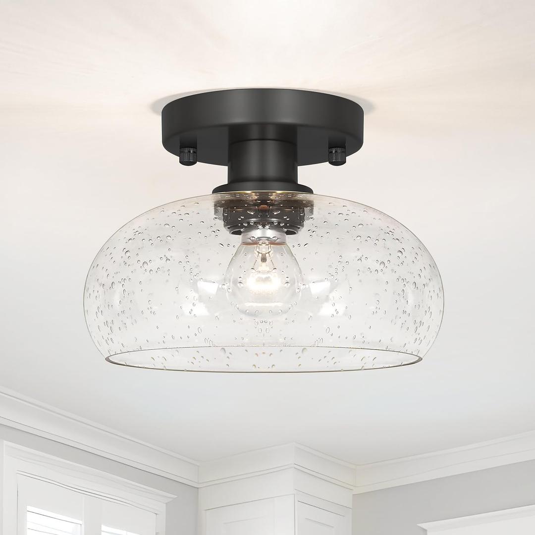 Classic Black Hallway Light Fixture - 8 Inch Round Semi Flush Mount Ceiling Light with Seeded Glass Shade, Mid-Century Style Close to Ceiling Design for Entryways & Corridors
