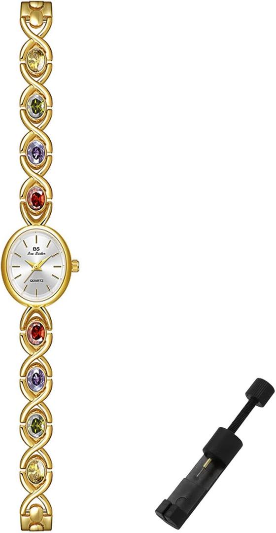 Gold Dainty Colorful Crystal Bracelet Watch for Women Waterproof Quartz Wristwatch Vintage Small Oval Dial Dress Watches